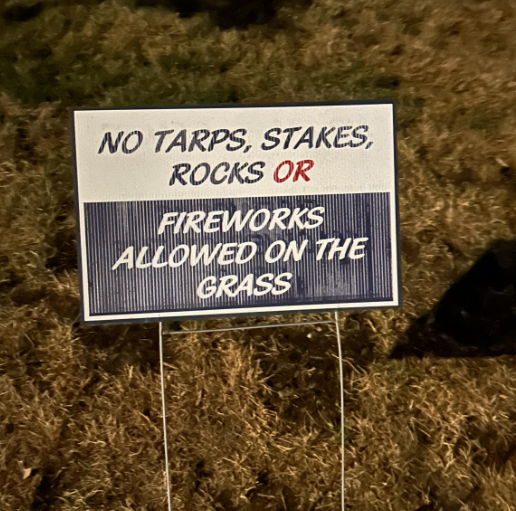 sign - No Tarps, Stakes, Rocks Or Fireworks Allowed On The Grass